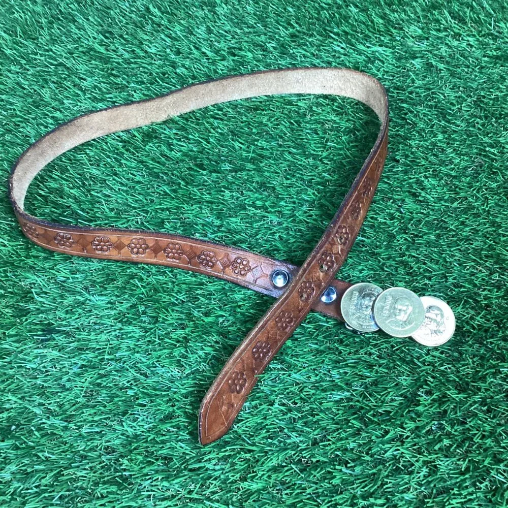 Vintage Peso Coin Buckle with Tooled Leather Belt